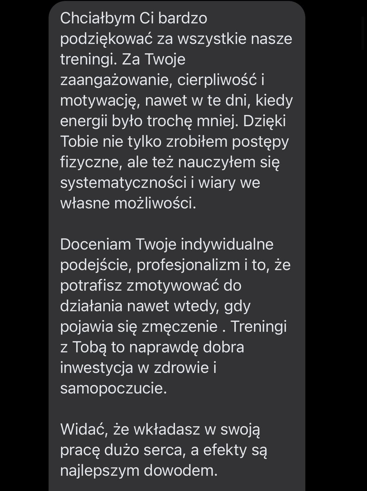 Opinia klienta - podziękowanie za zaangażowanie i motywację